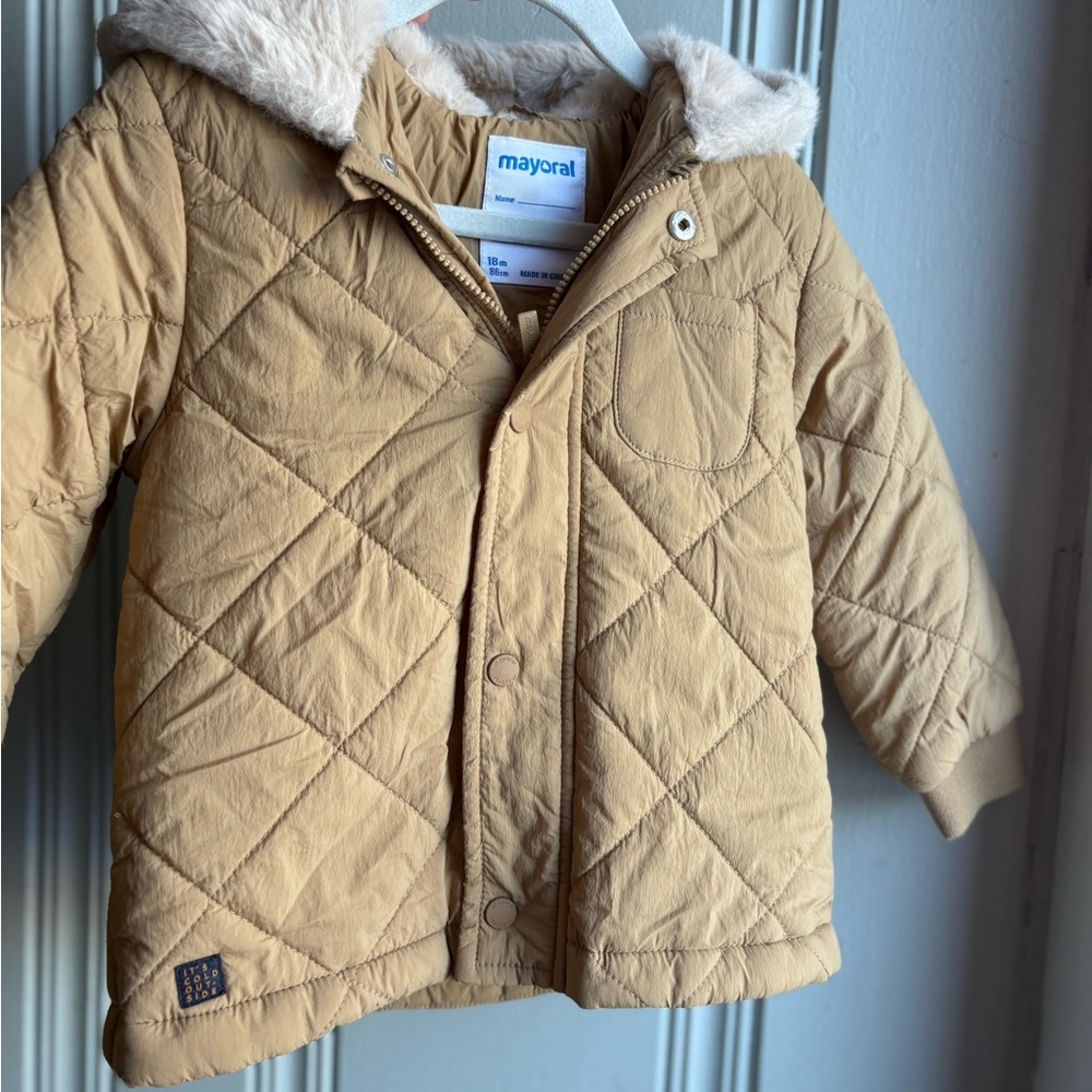 Girls 18M Mayoral Tan Quilted Winter Coat Faux Fur Lining With Hood
